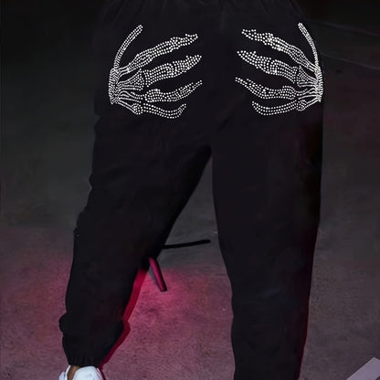 1pc Women's Casual Polyester Jogger Pants with Elastic Waistband, Embellished Skeleton Hands, and Letter Detail - All Season Knit Joggers with Cuffed Ankles
