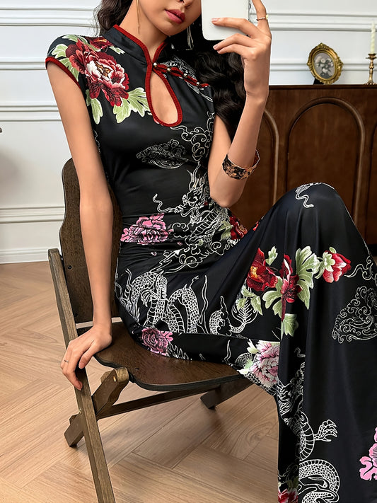 Robe Qipao Femme – Col Montant, Imprimé Dragon, Coupe Slim Élégante pour Mariages et Fêtes