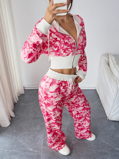 Ensemble Femme 2 Pièces – Top Zippé Court et Pantalon Long Camouflage, Look Décontracté et Tendance