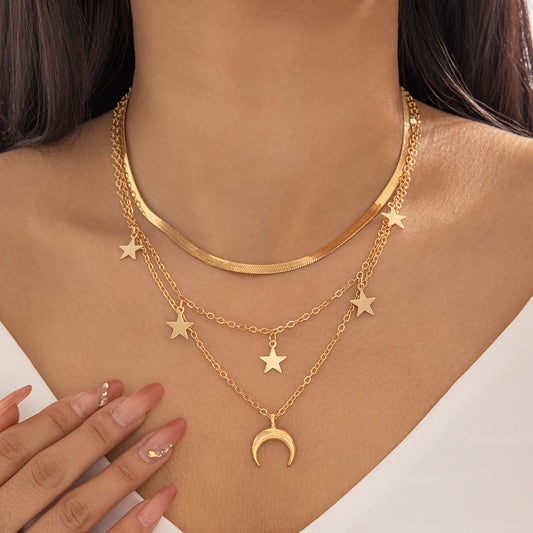 Collier Chaîne Minimaliste – Pendentif Étoile et Lune, Idéal pour Soirées
