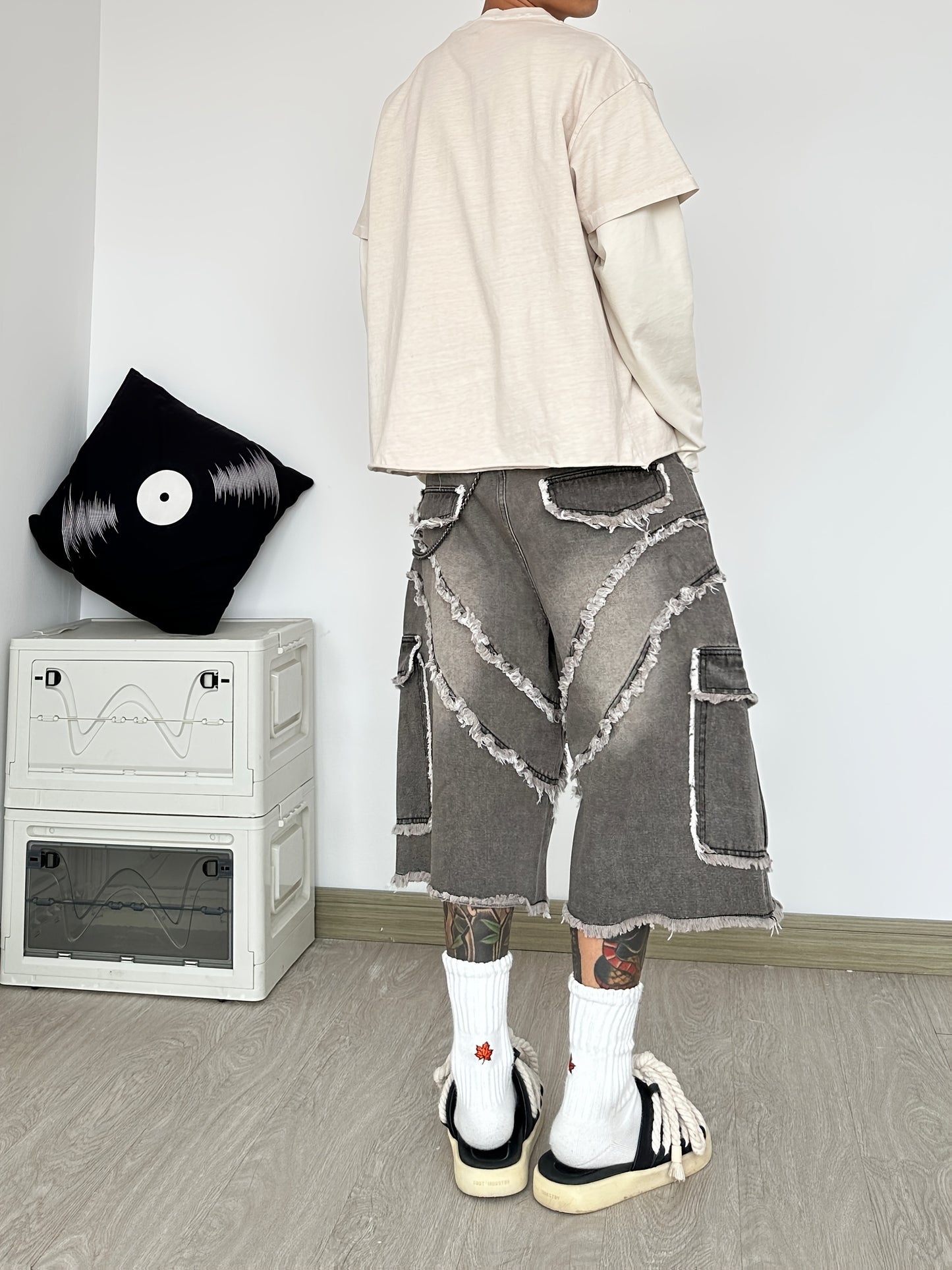 Pantalon Cargo Large en Jean Déconstruit à Franges – Style High-Street Américain, Coupe Ample, Sans Ceinture ni Accessoires