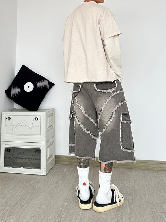 Pantalon Cargo Large en Jean Déconstruit à Franges – Style High-Street Américain, Coupe Ample, Sans Ceinture ni Accessoires