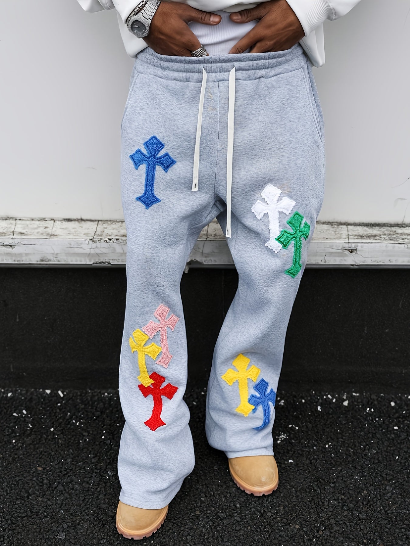 Pantalon de Jogging Homme Style Street Punk – Broderie Géométrique, Coupe Ample, Jambe Évasée, Idéal pour Toutes les Saisons