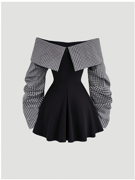 Robe Courte Élégante Épaules Dénudées – Motif Carreaux & Taille Marquée
