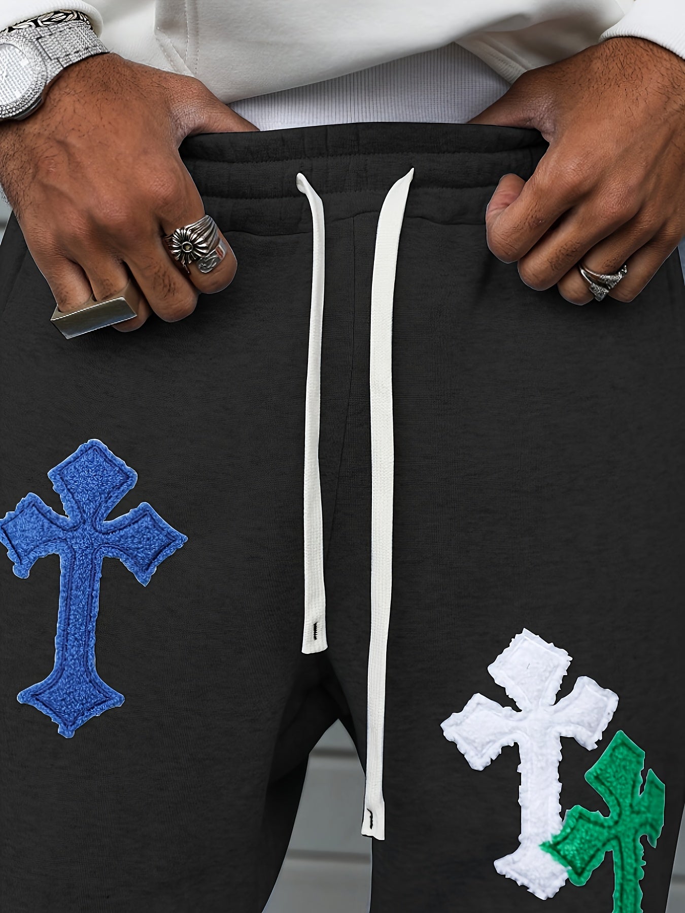 Pantalon de Jogging Homme Style Street Punk – Broderie Géométrique, Coupe Ample, Jambe Évasée, Idéal pour Toutes les Saisons