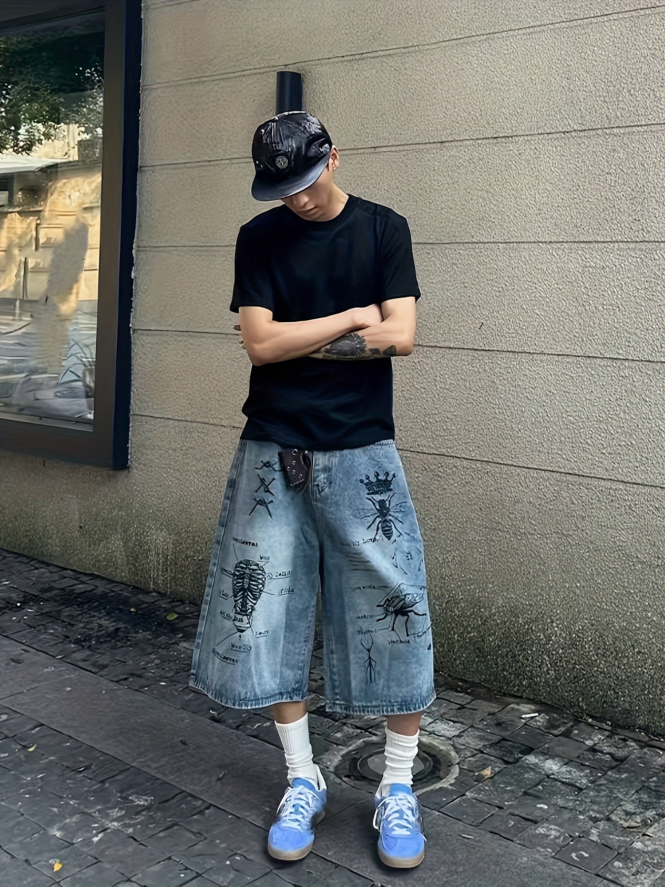 Short Jean Unisexe Style Rétro – Imprimé Graffiti Streetwear, Coupe Ample